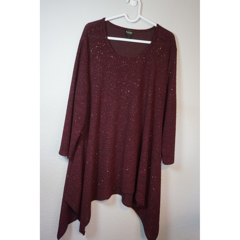 Lavanya Woman Burgundy Gold Sparkle Handkerchief Hem Tunic Top 2X Holiday